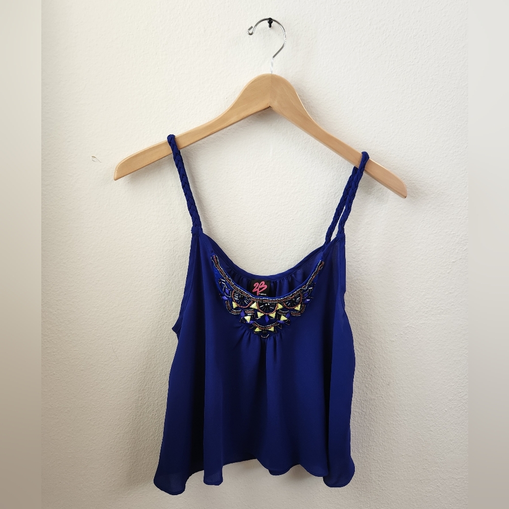 2B Bebe Women's Crop Tank Top Y2K Beaded Collar Accent Flowy‎ Blue Size Small